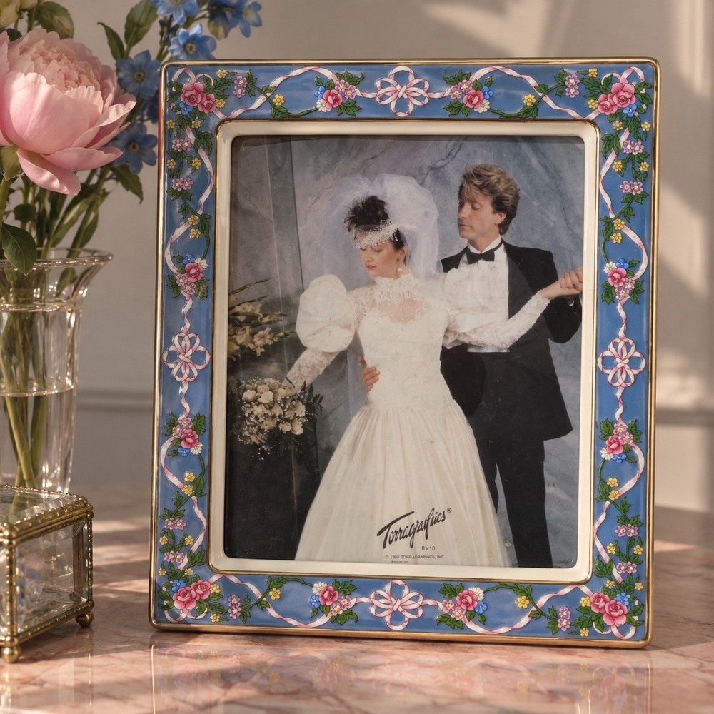 Vintage 90s Terragrafics 8x10 Ceramic Floral Ribbon Photo Frame  Coquette Retro